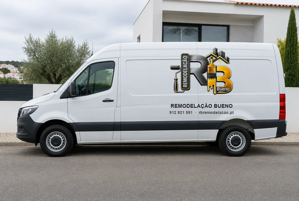 Carrinha branca da Remodelação Bueno com o logótipo e o contacto